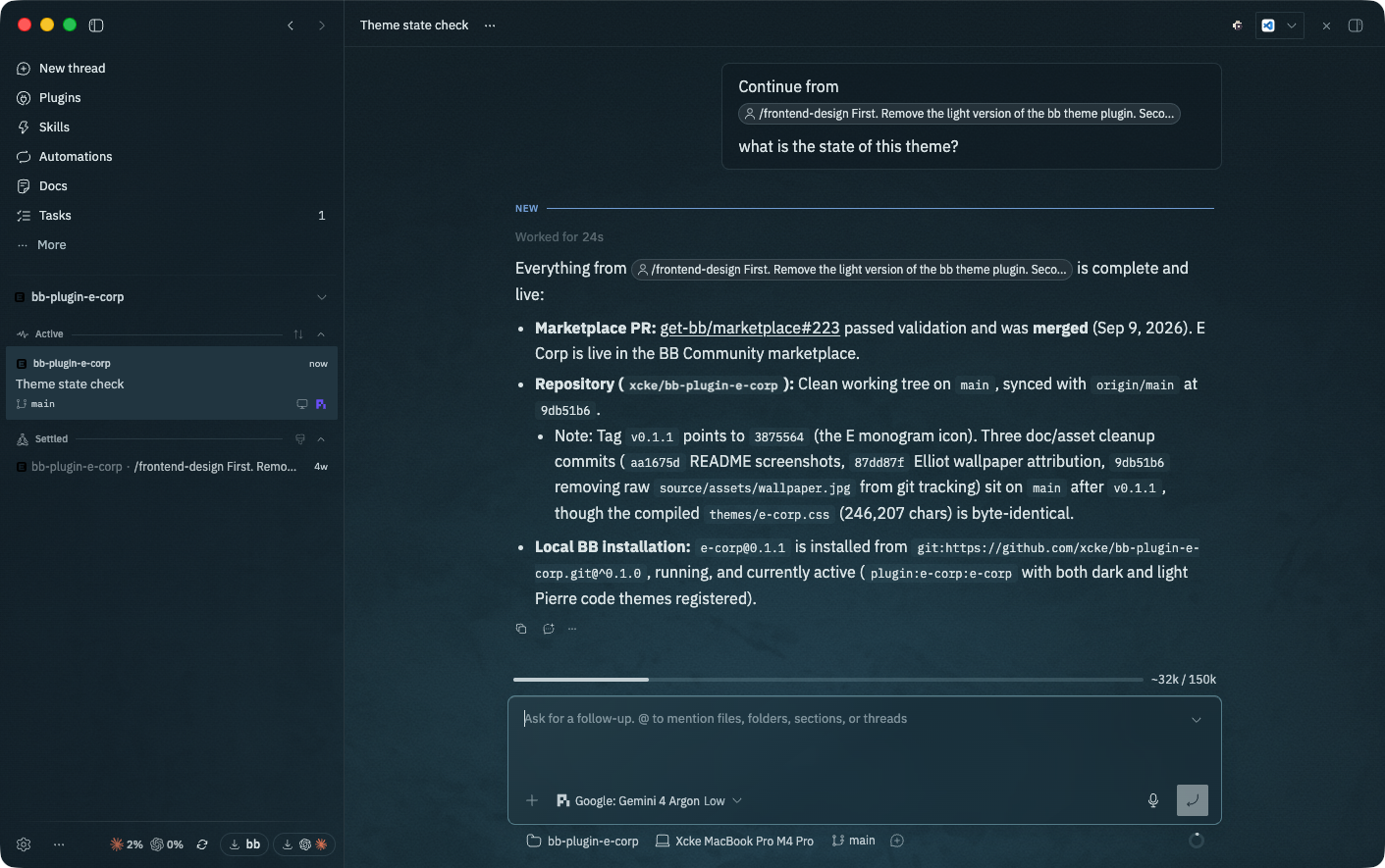 BB workspace running Pi with E-Corp theme, Usage Tracker, and Context Meter